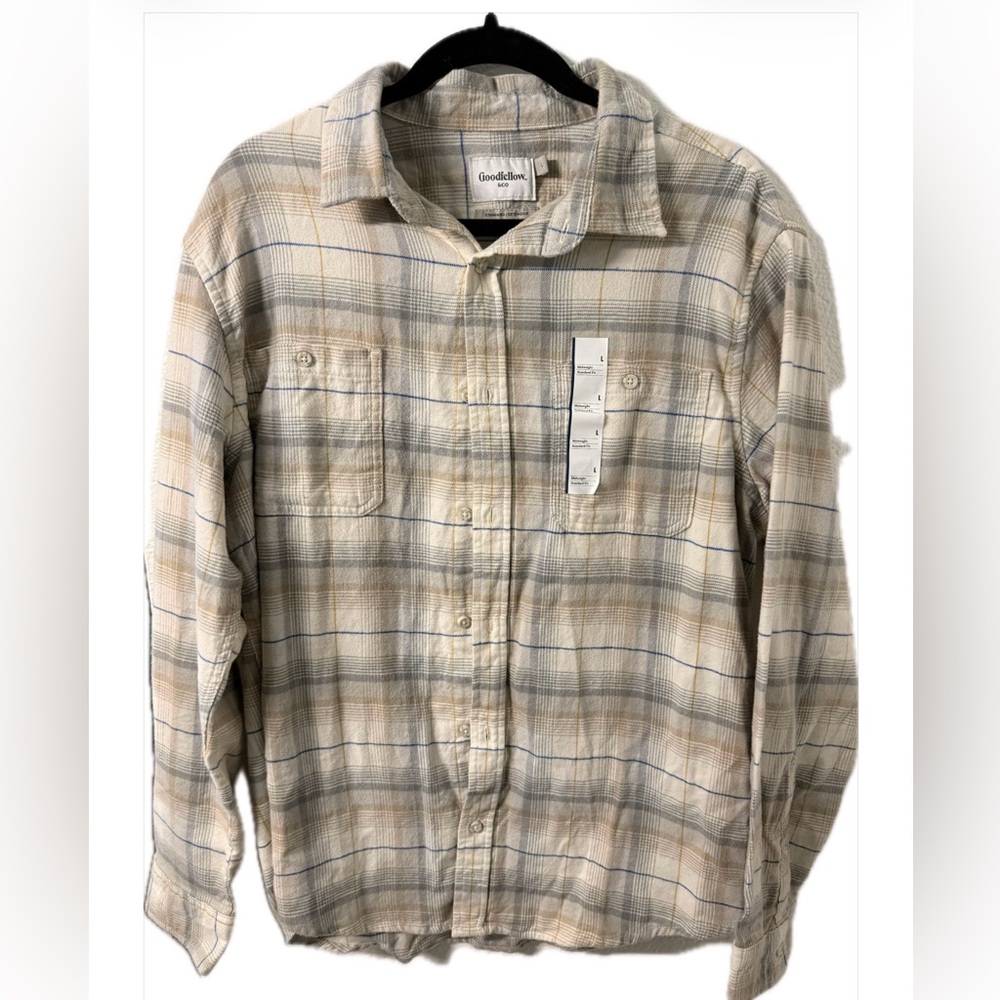 Goodfellow & Co Men's Cream and Blue Plaid Shirt